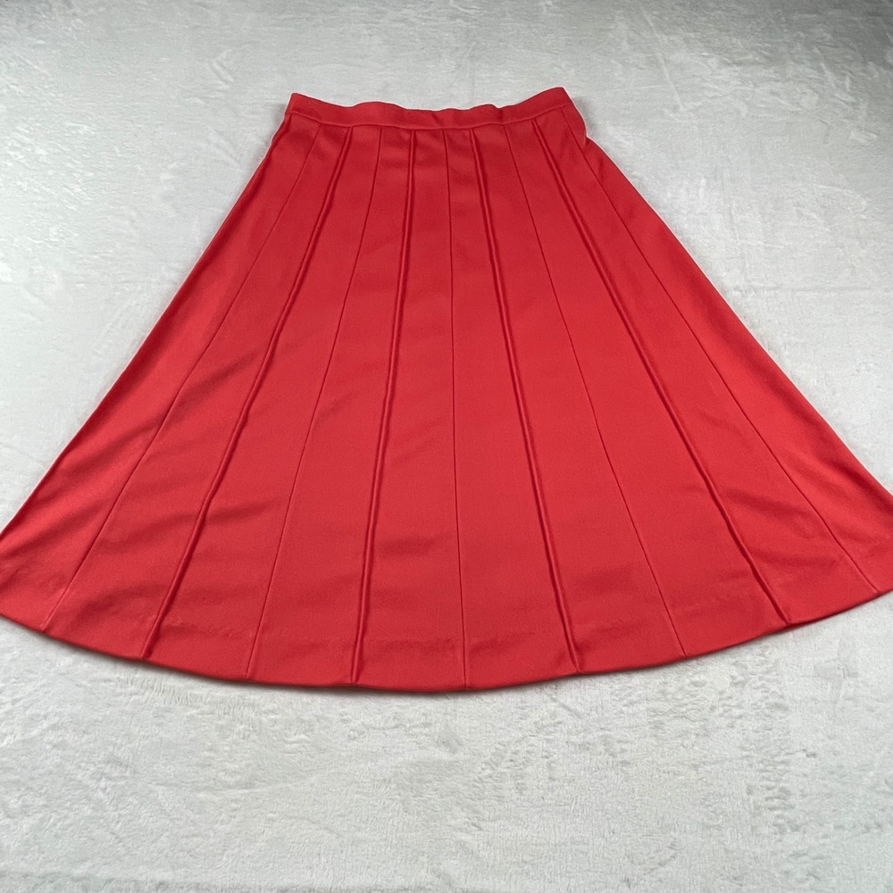 Vintage Red Pleated Midi Skirt Elastic Waist A-Line Knit Stitched Pleats